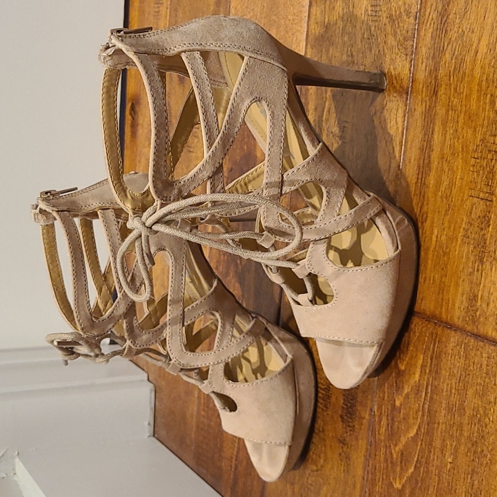 Nude lace up heels suede-like material